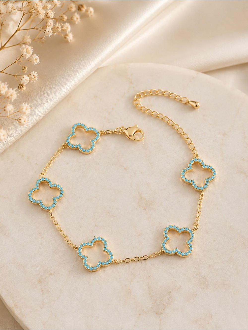 Blue Clover Charm Bracelet Gold Tone Zircon Floral Link Bracelet